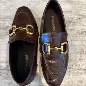 Jeffrey Campbell Croc-Embossed Brown Loafers with Gold Buckle